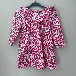 Baby Boden Pink Woodland Bird Mushroom Print Ruffle Collar Cotton Dress 3-6M